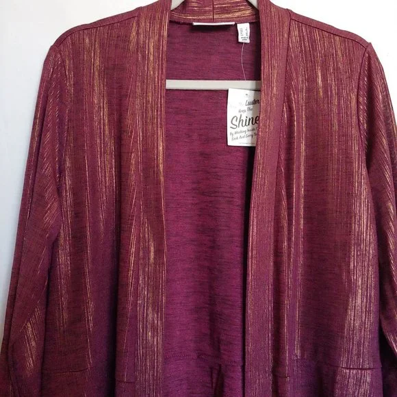 Susan Graver Semi-Sheer Maroon/Gold Long Sleeve Open Jacket Metallic L NWT - Picture 2 of 13